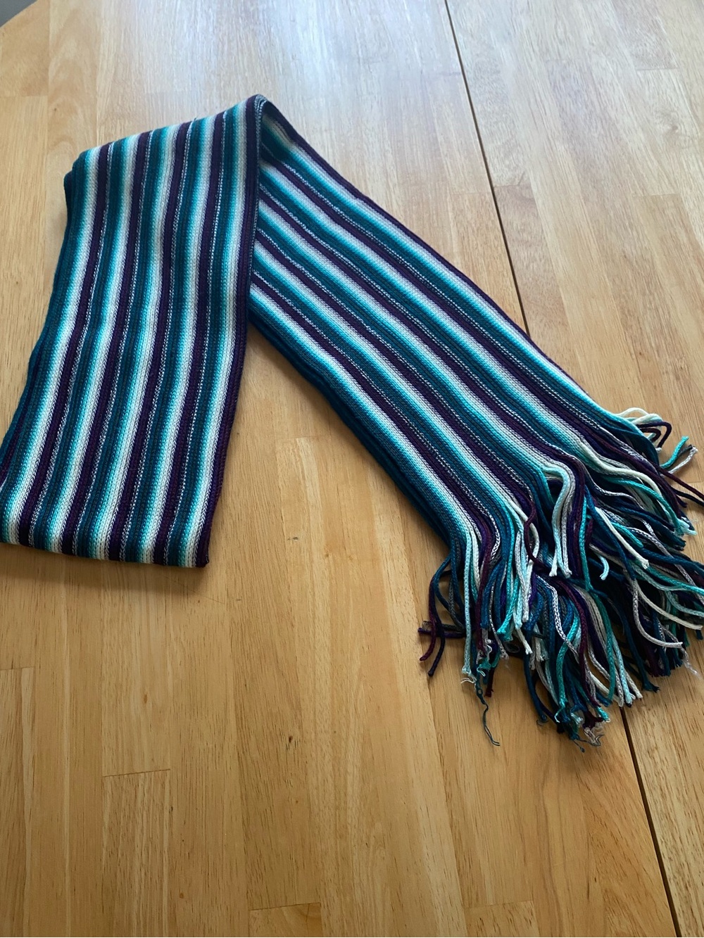 Coldwater Creek Striped Knit Fringe Scarf in Teal, Purple, White - Picture 2 of 5